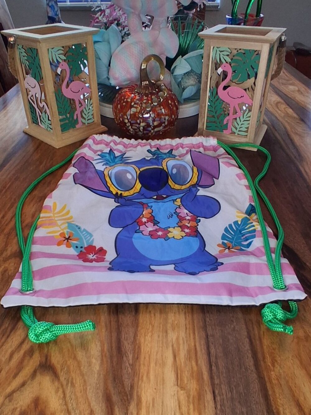 Disney Lilo & Stitch Tropical Drawstring Cinch Backpack Pink Stripe Gym Bag